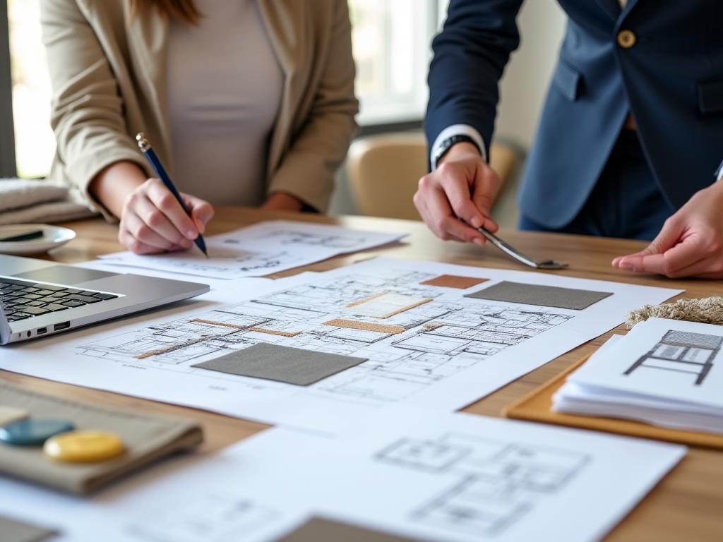 A designer collaborating with a client on custom furniture plans