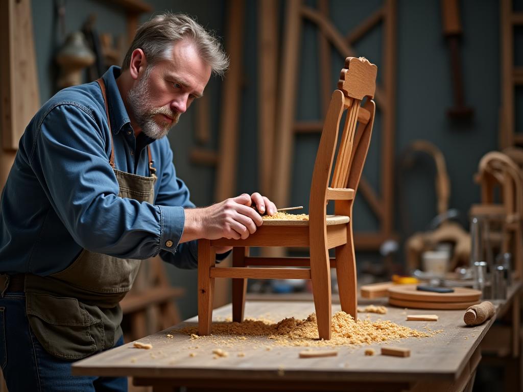 A craftsman carefully restoring a vintage wooden chair