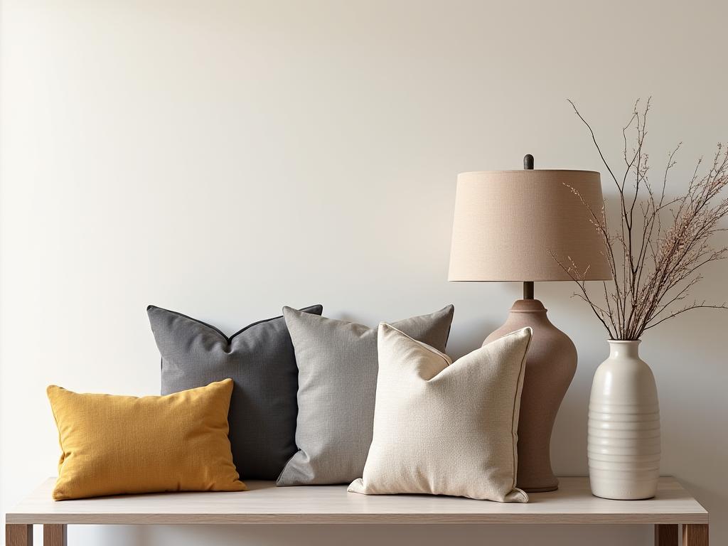A curated collection of home decor accessories including lamps and cushions