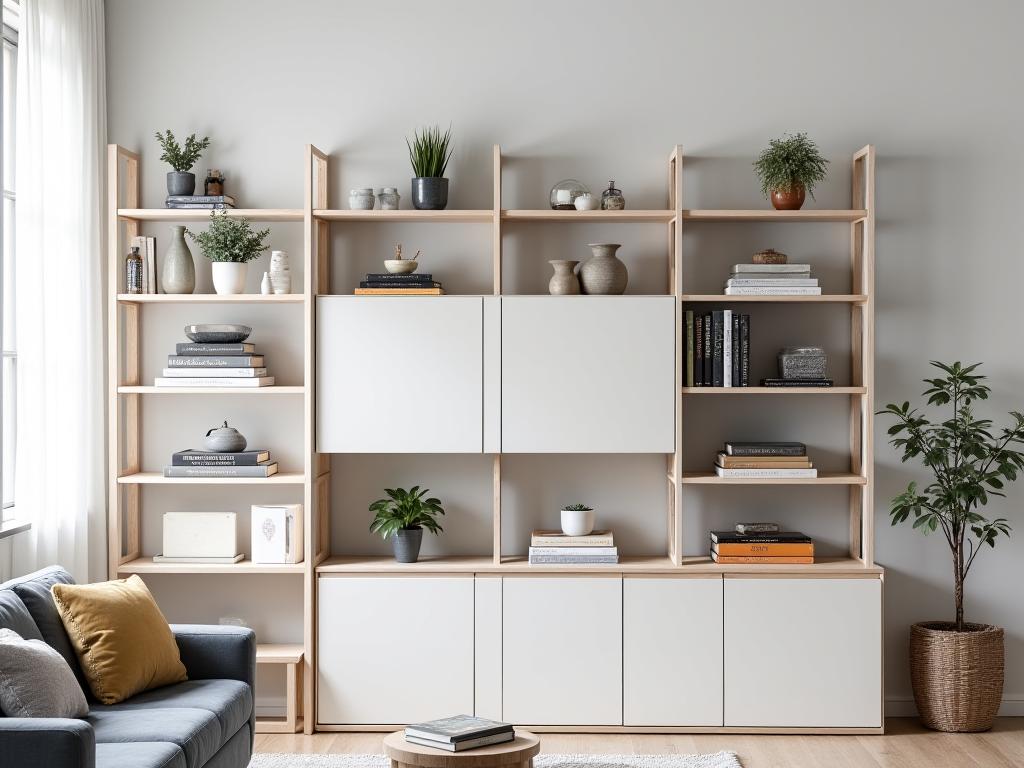 A stylish living room with a space-saving modular shelving system
